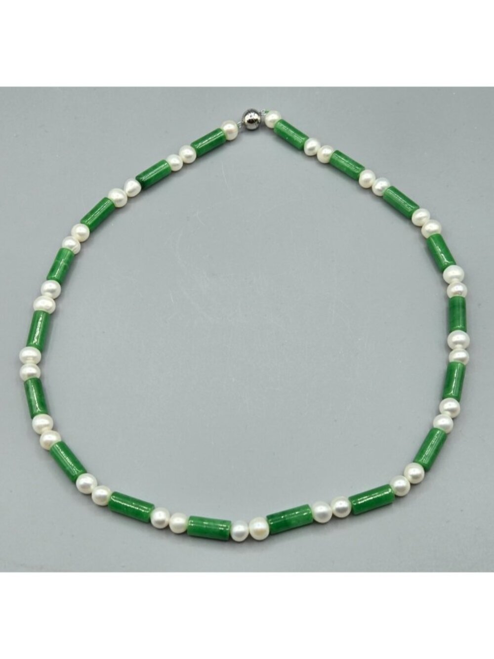 Natural White Freshwater Pearl 7-8mm, 15 x 6mm Green Jade Necklace Bracelet Set - Picture 4 of 7